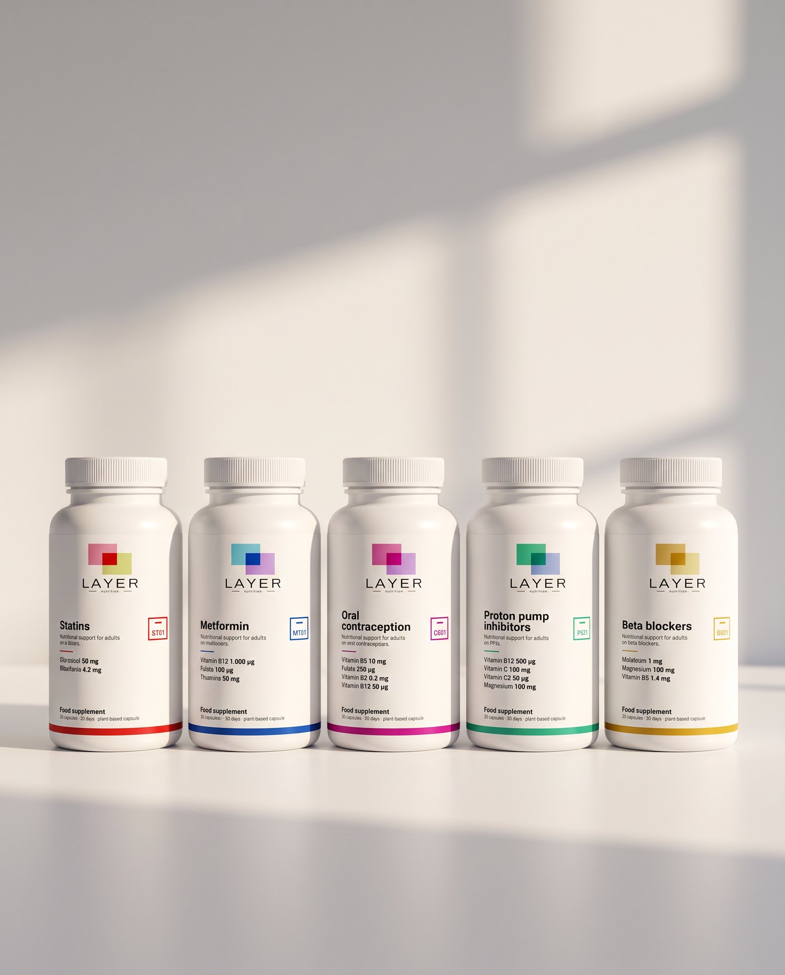 The five Layer Nutrition supplements lined up, one formula per treatment